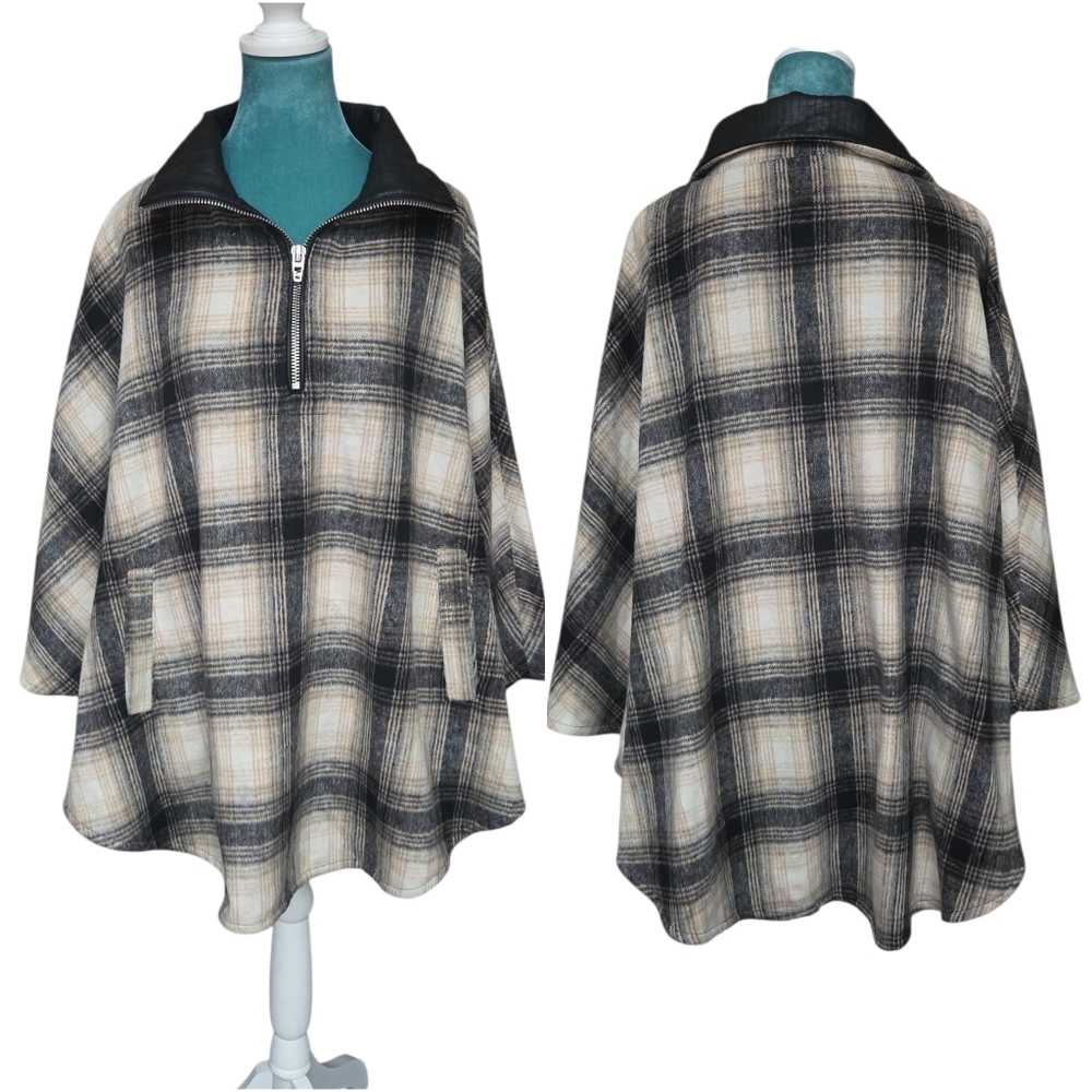 BLANK NYC Checked Out Plaid Cape Poncho with Black Faux Leather Collar One Size